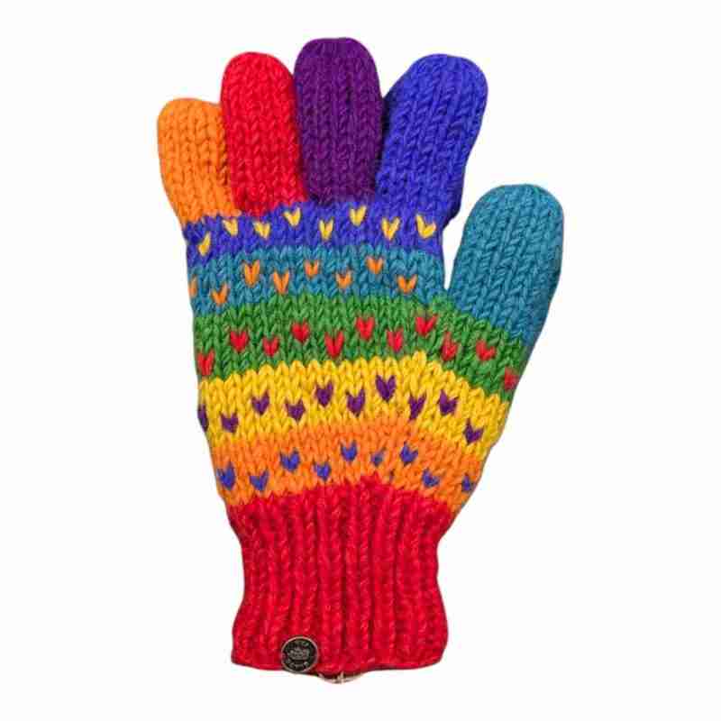 Woolly gloves in a rainbow tick design